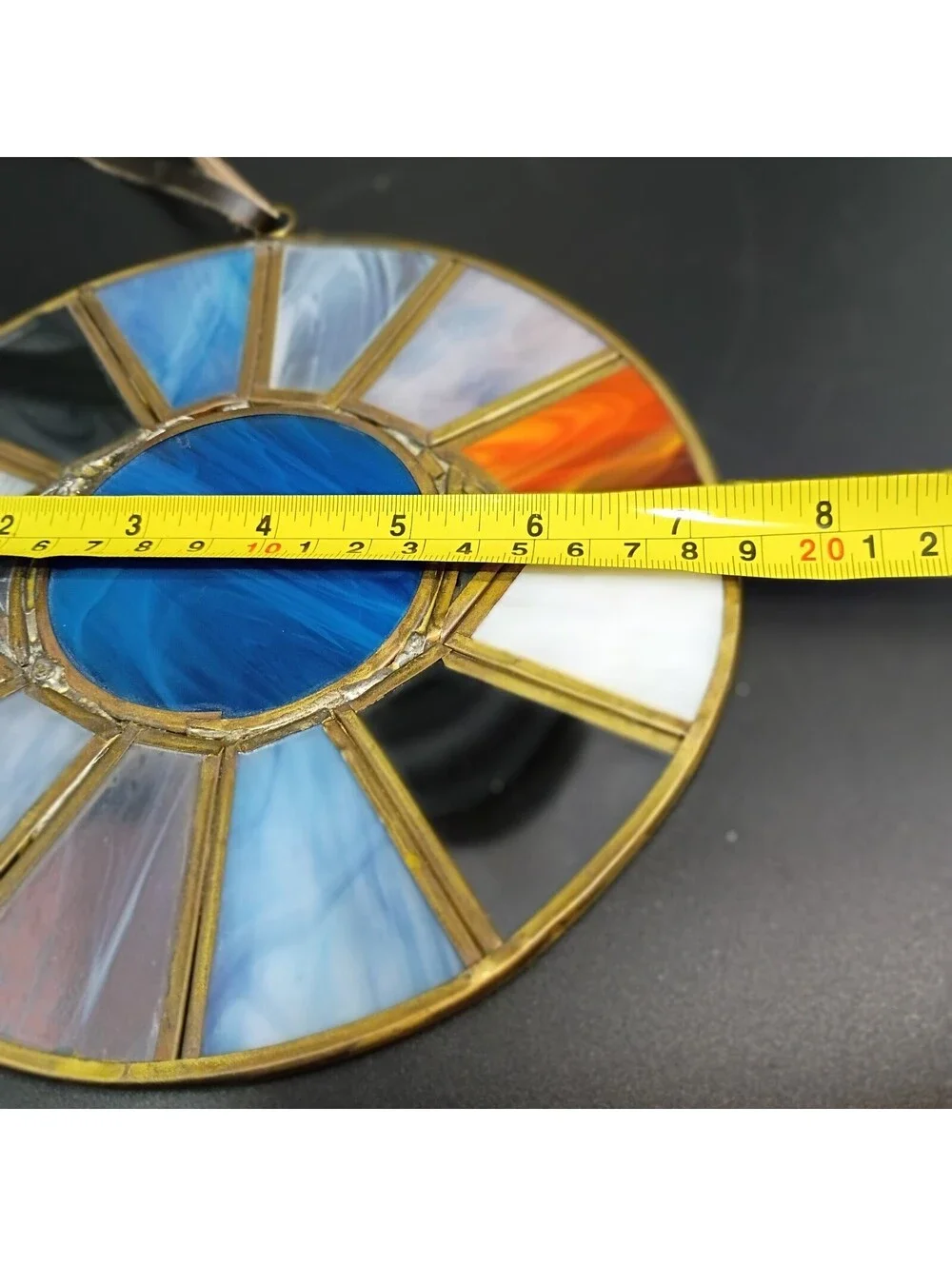 Vtg OOAK Round Symmetric Leaded Stained Glass Suncatcher Window Hanging Blue Eye